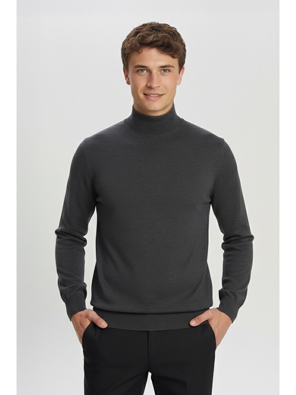 Gri Antrasit Regular Fit Pamuklu Yarım Balıkçı Yaka Erkek Triko Kazak-2