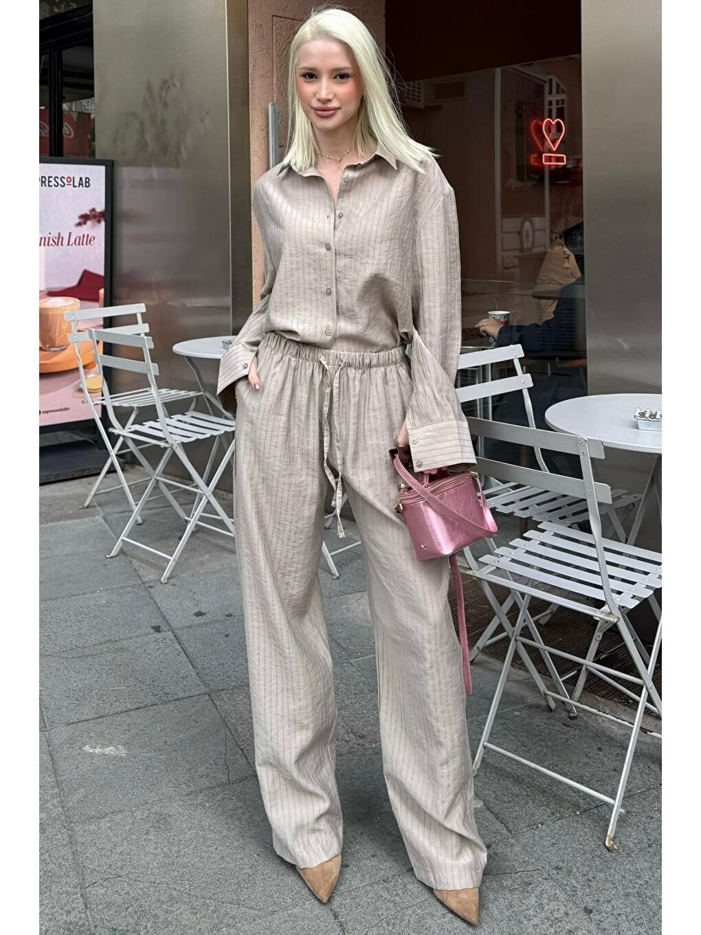 Bej Taş Rengi Çizgili Kadın Gömlek Takım Mg2695-4