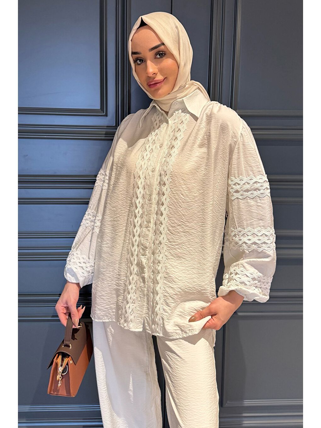 Ekru Fistolu Kol Lastikli Gömlek Pantolon Tesettür İkili Takım-4