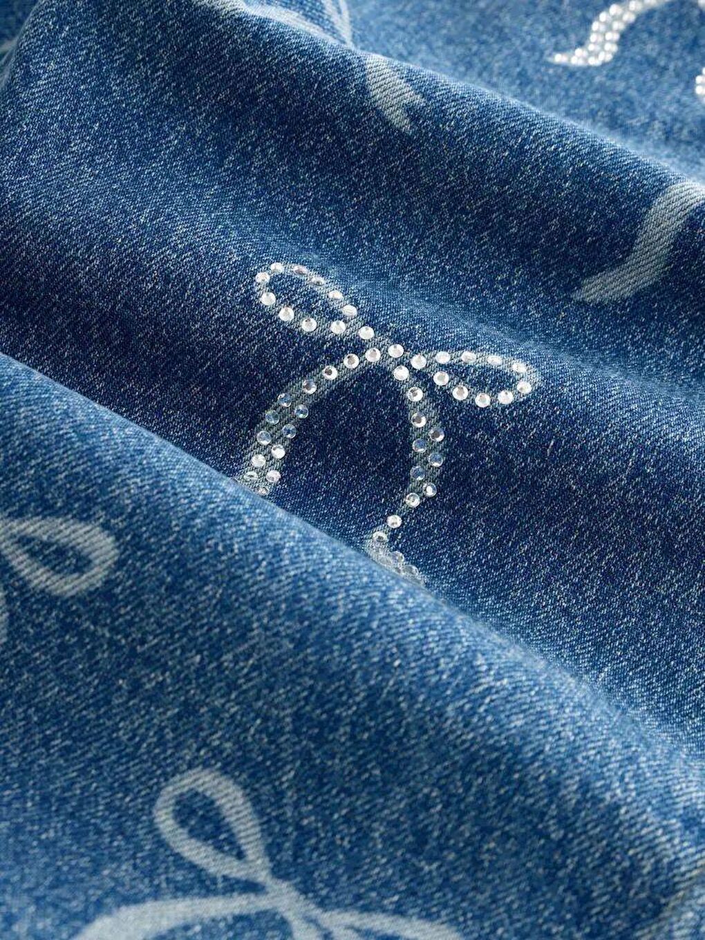 Kız Çocuk Mavi Denim Fiyonk Desenli Pantolon-2