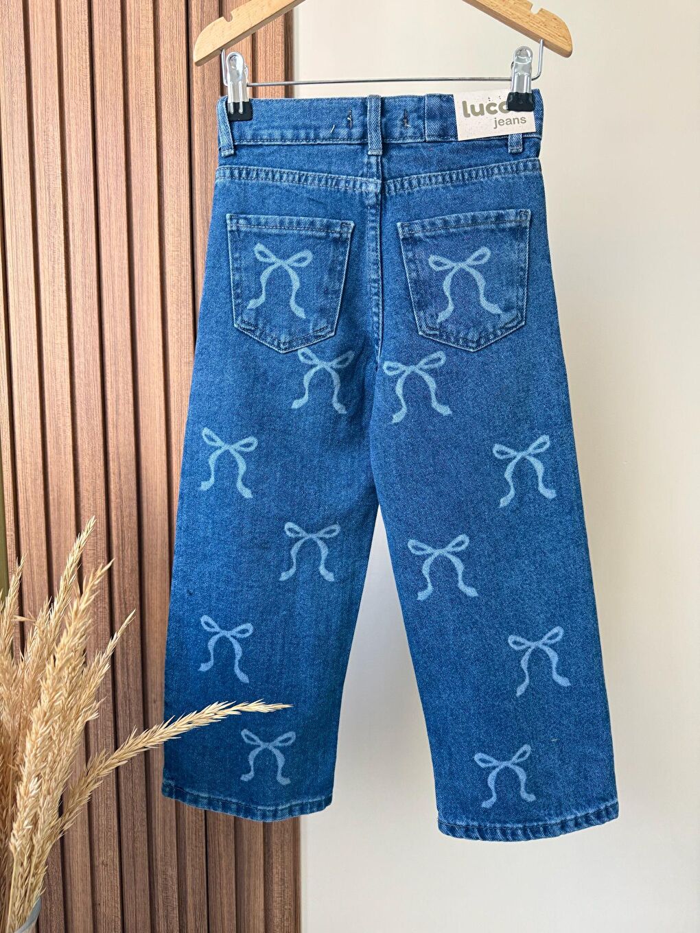 Kız Çocuk Mavi Denim Fiyonk Desenli Pantolon-4