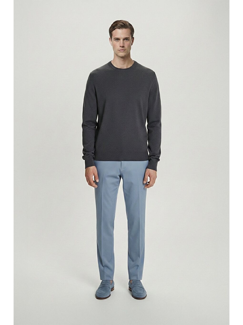 Gri Standart Fit Yün Karışımlı Bisiklet Yaka Triko Erkek Kazak-1