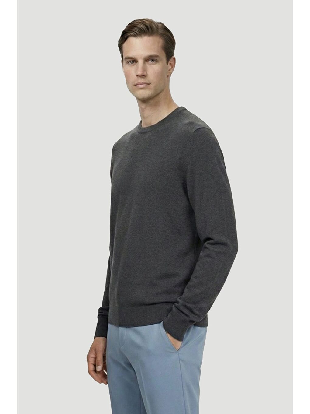 Gri Standart Fit Yün Karışımlı Bisiklet Yaka Triko Erkek Kazak-2