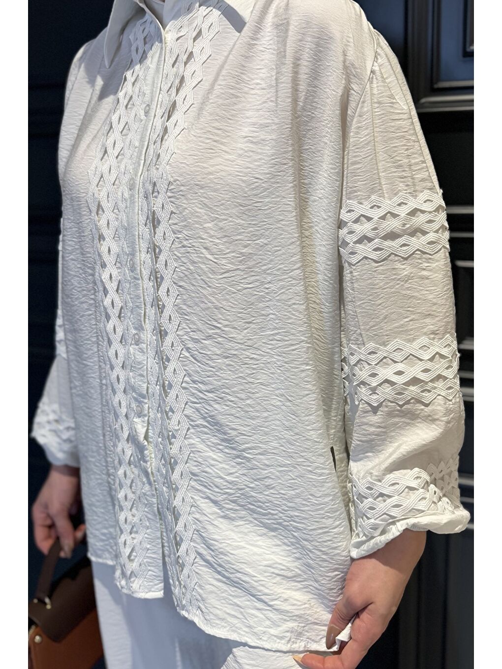 Ekru Fistolu Kol Lastikli Gömlek Pantolon Tesettür İkili Takım-6