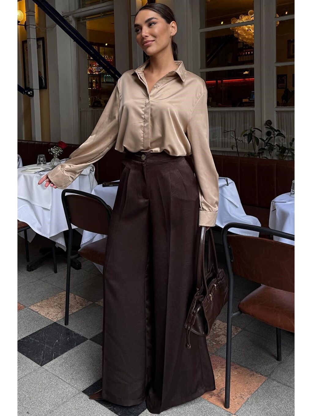 Acı Kahverengi Geniş Paça Saten Pantolon Mg2736