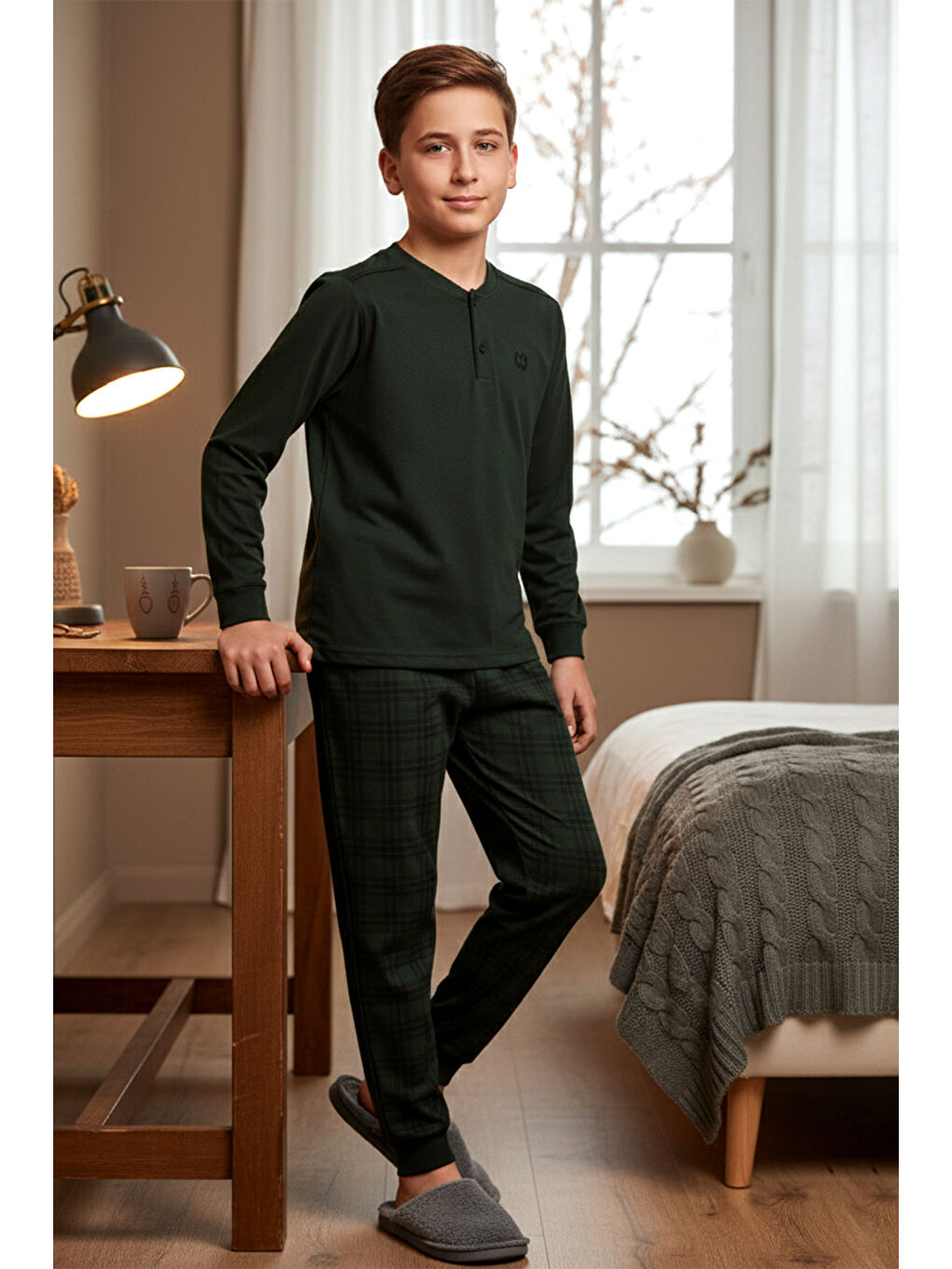 Erkek Genç Çocuk Pamuk Penye Süprem Pijama Takımı 4212 Koyu Yeşil