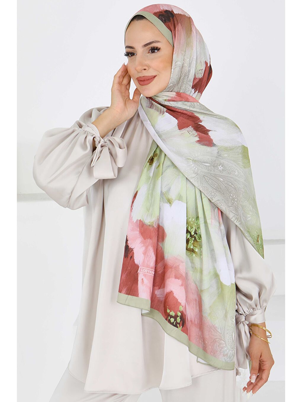 Kıraş Büyük Çiçek Desenli Şal Yağ Yeşili - 27621