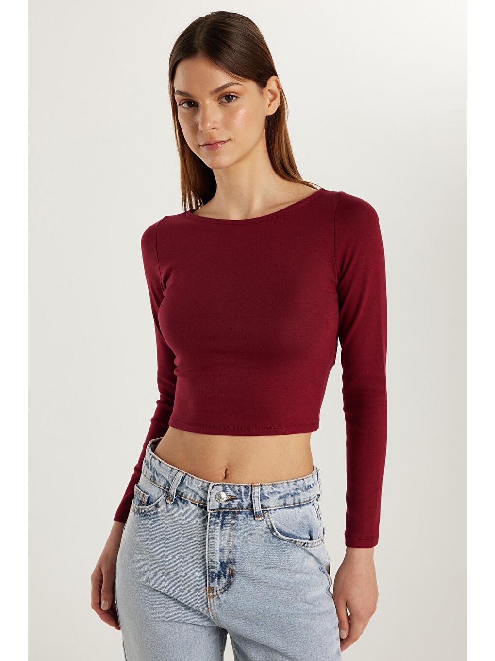 Kadın Slim Fit Dar Kesim Modal Kumaş Uzun Kollu Bisiklet Yaka Bordo Bluz-1