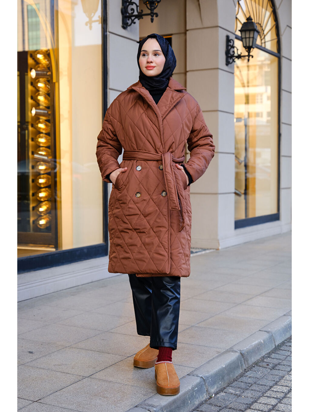 Bel Bağlamalı Midi Boy Mont Kahverengi-1