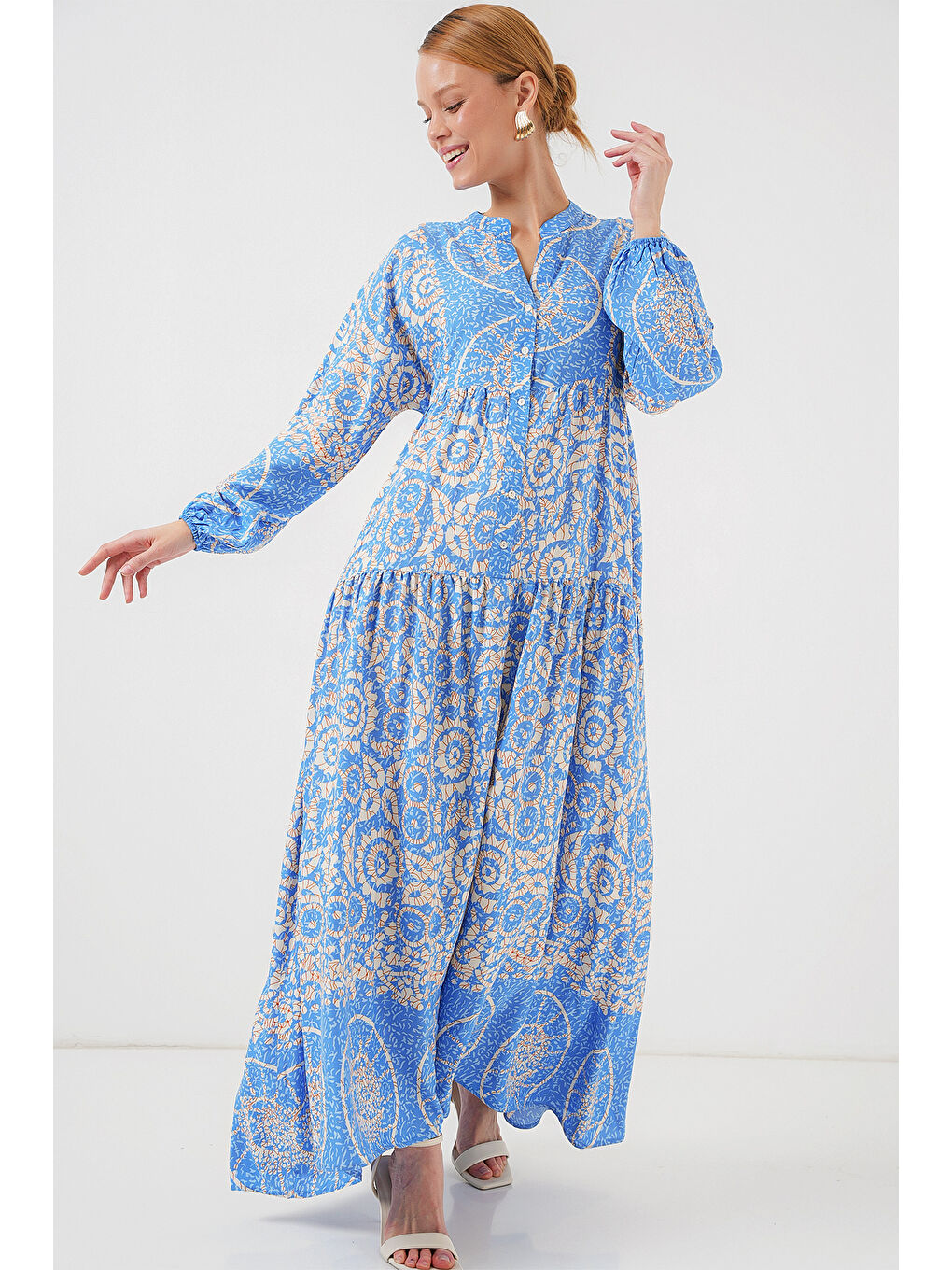 2423 Otantik Desenli Tesettür Elbise - S. Mavi