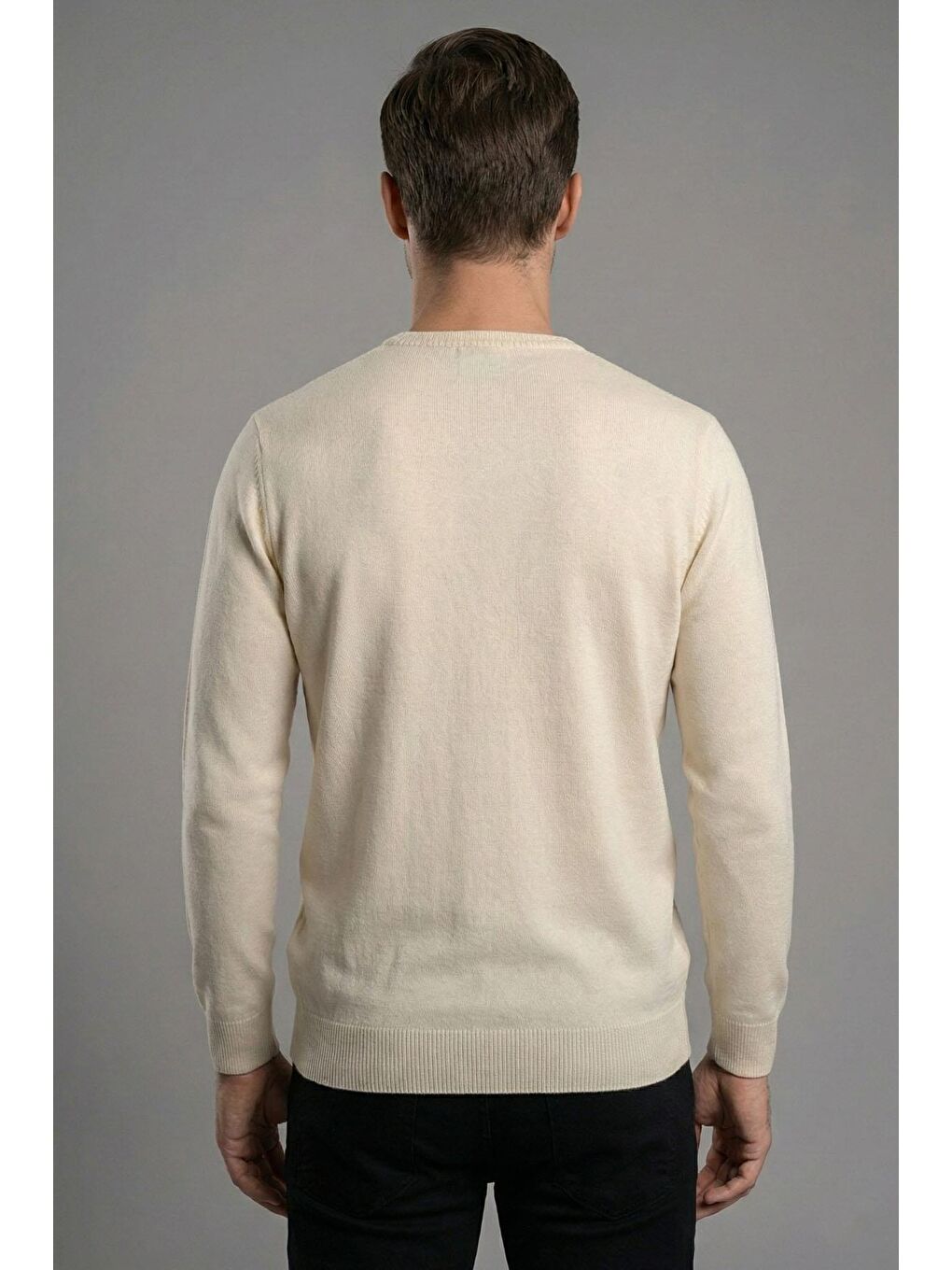 Erkek Ekru Regular Fit Bisiklet Yaka Yün Karışımlı Kazak-1