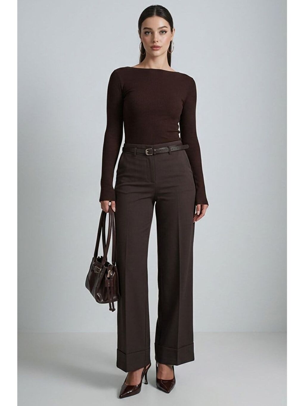 Acı Kahverengi Geniş Paça Normal Bel Kemerli Pantolon Mg2735-3