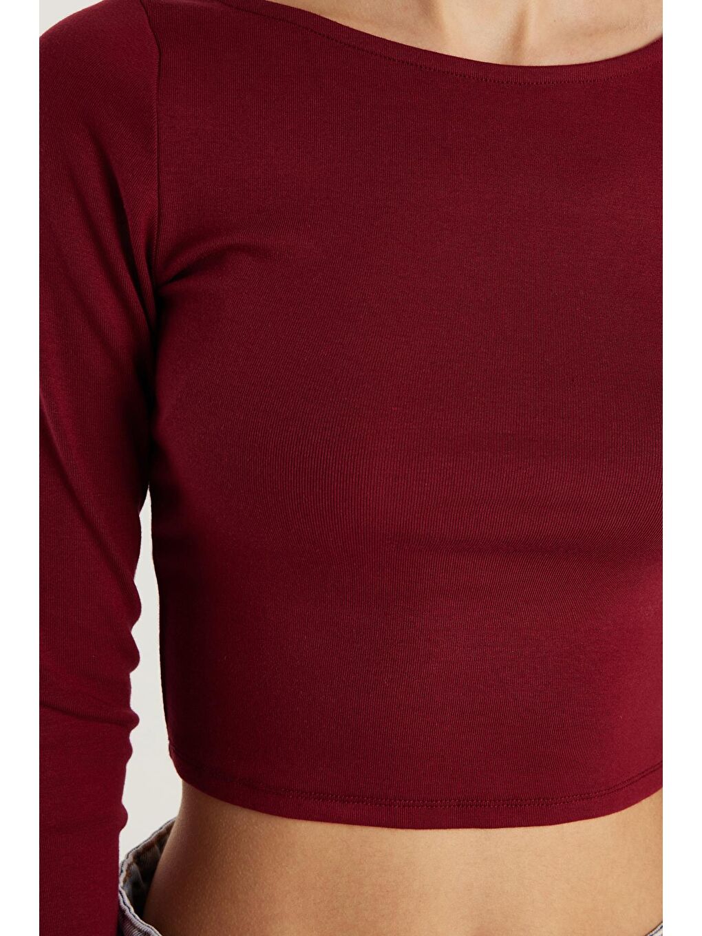 Kadın Slim Fit Dar Kesim Modal Kumaş Uzun Kollu Bisiklet Yaka Bordo Bluz-2