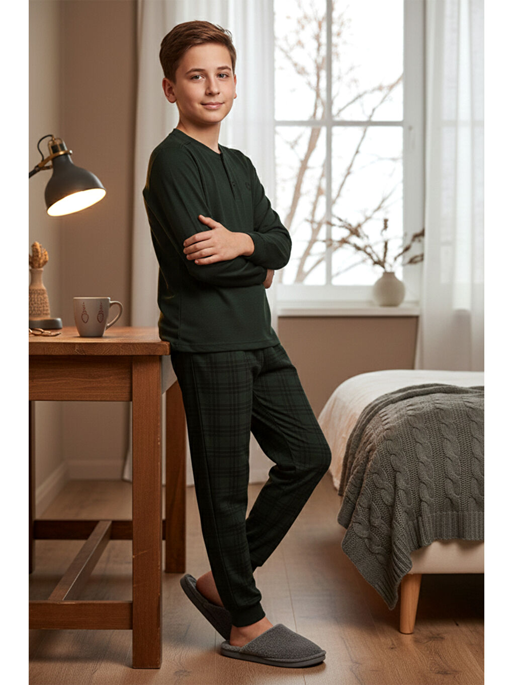 Erkek Genç Çocuk Pamuk Penye Süprem Pijama Takımı 4212 Koyu Yeşil-1