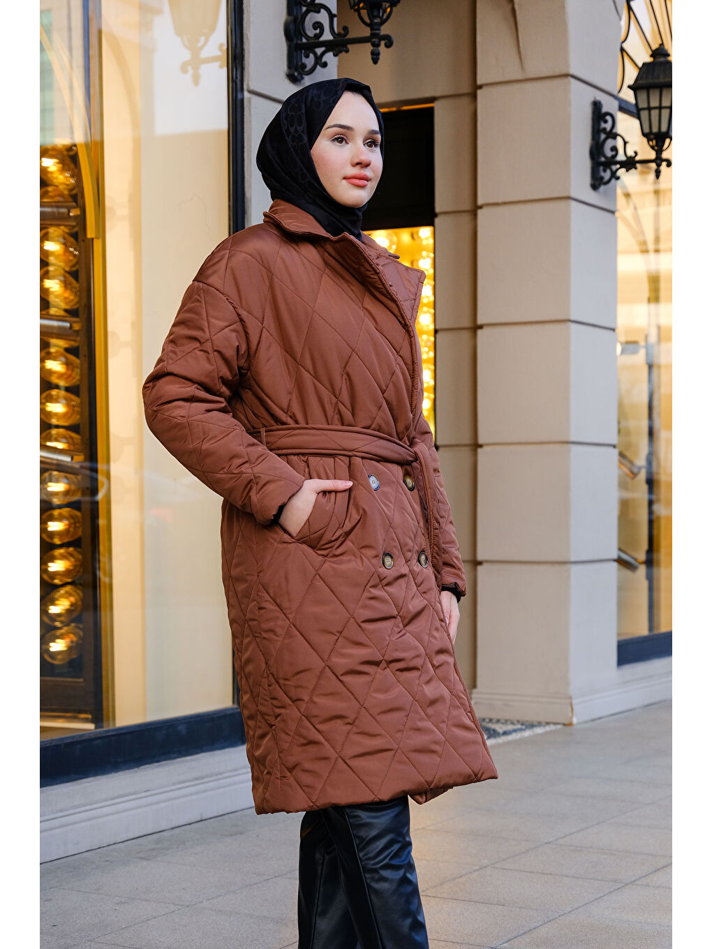 Bel Bağlamalı Midi Boy Mont Kahverengi-2