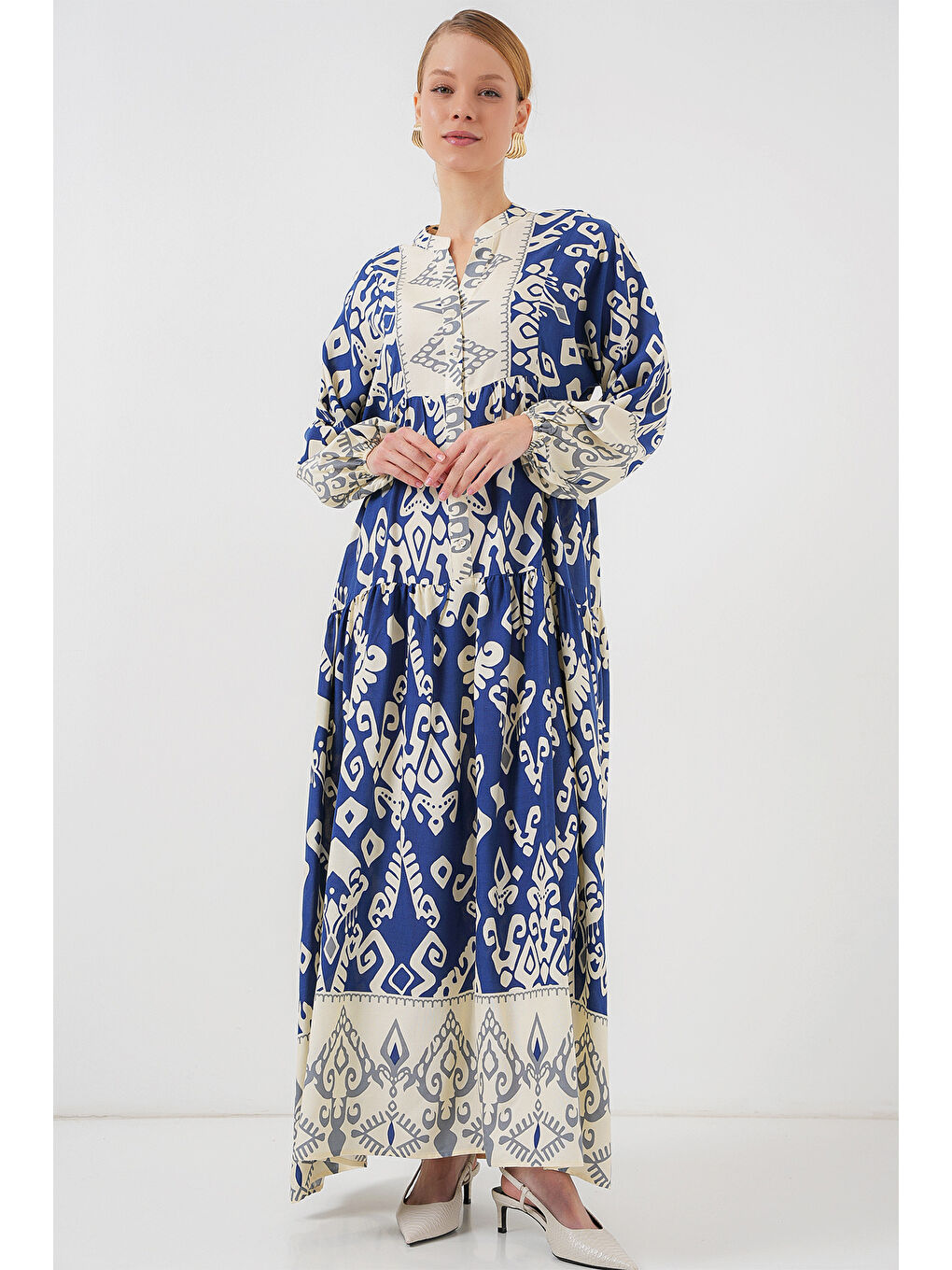 Mavi 2423 Otantik Desenli Tesettür Elbise - İndigo 1-1