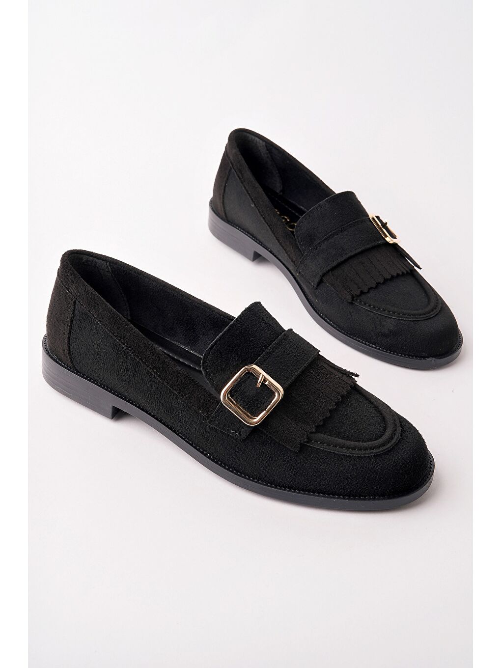 Siyah TUFT Gold Tokalı Püsküllü Süet Kadın Günlük Loafer Ayakkabı