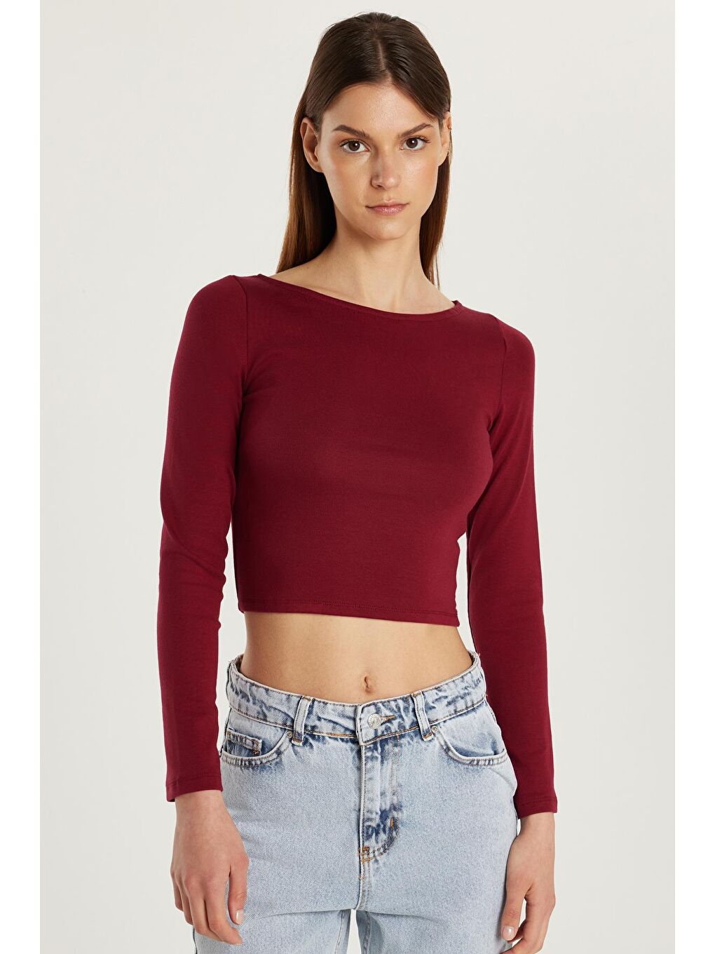 Kadın Slim Fit Dar Kesim Modal Kumaş Uzun Kollu Bisiklet Yaka Bordo Bluz-3