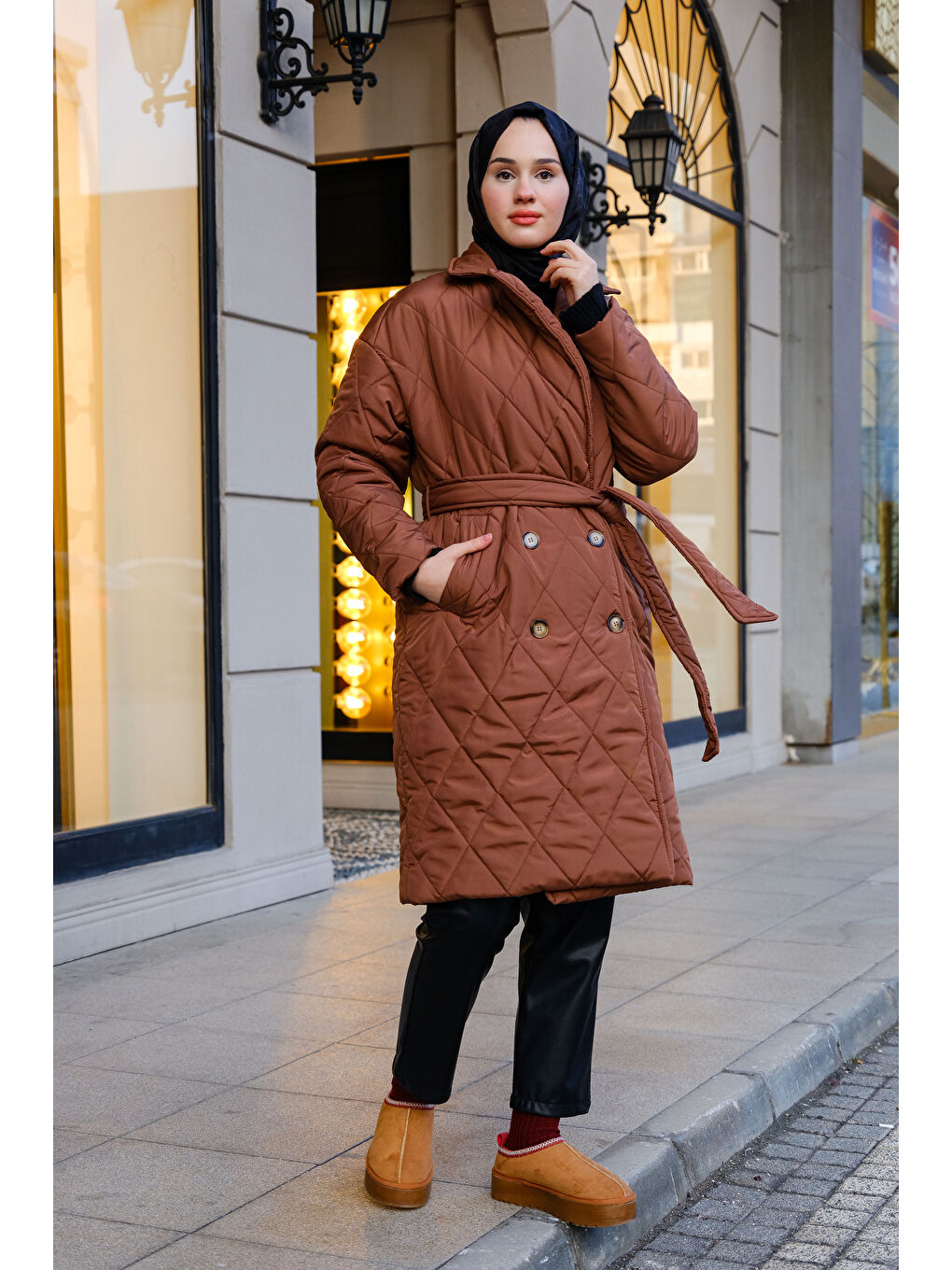 Bel Bağlamalı Midi Boy Mont Kahverengi-3