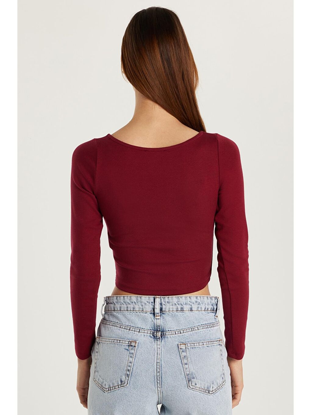 Kadın Slim Fit Dar Kesim Modal Kumaş Uzun Kollu Bisiklet Yaka Bordo Bluz-4