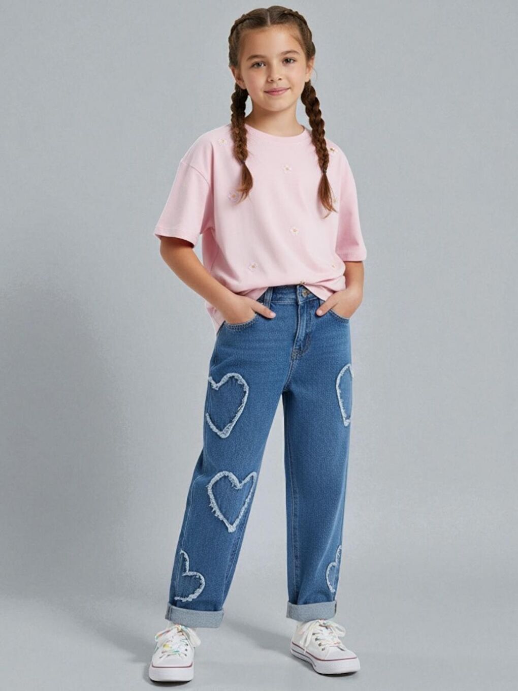 Mavi Kız Çocuk Geniş Paça Kalp Desenli %100 Pamuk Lastikli Denim Pantolon