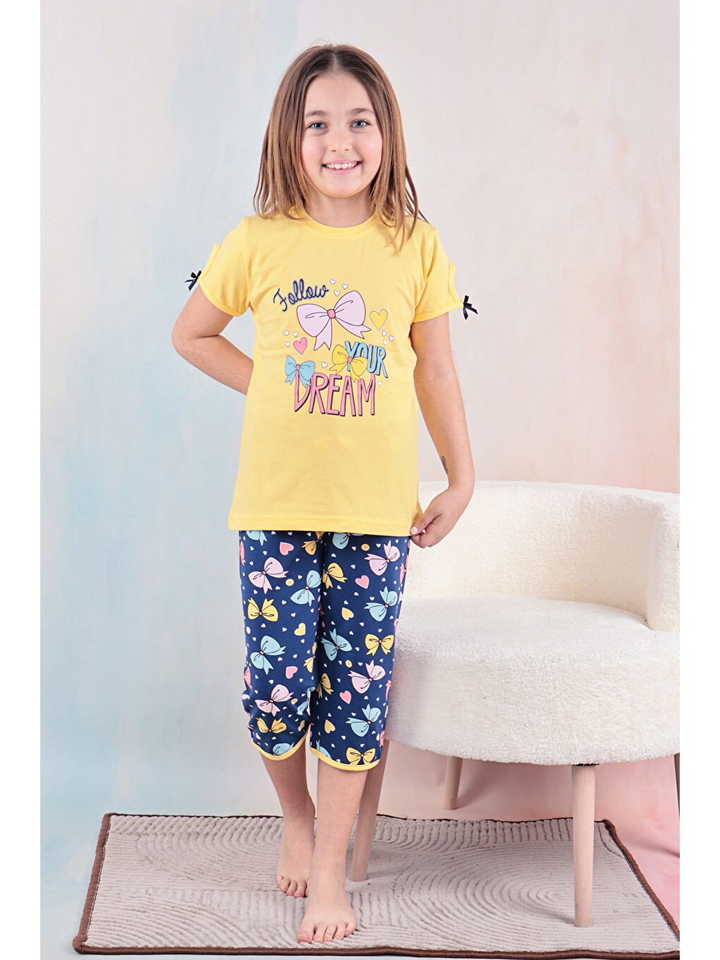 Sarı Kız Çocuk %100 Doğal Pamuk Kısa Kollu Kaprili Kaliteli Pijama Takımı-1