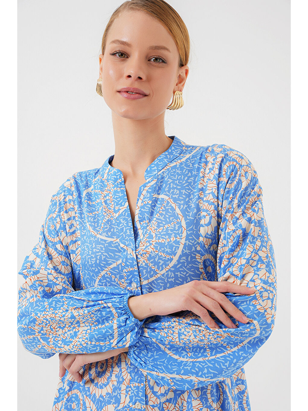 2423 Otantik Desenli Tesettür Elbise - S. Mavi-2