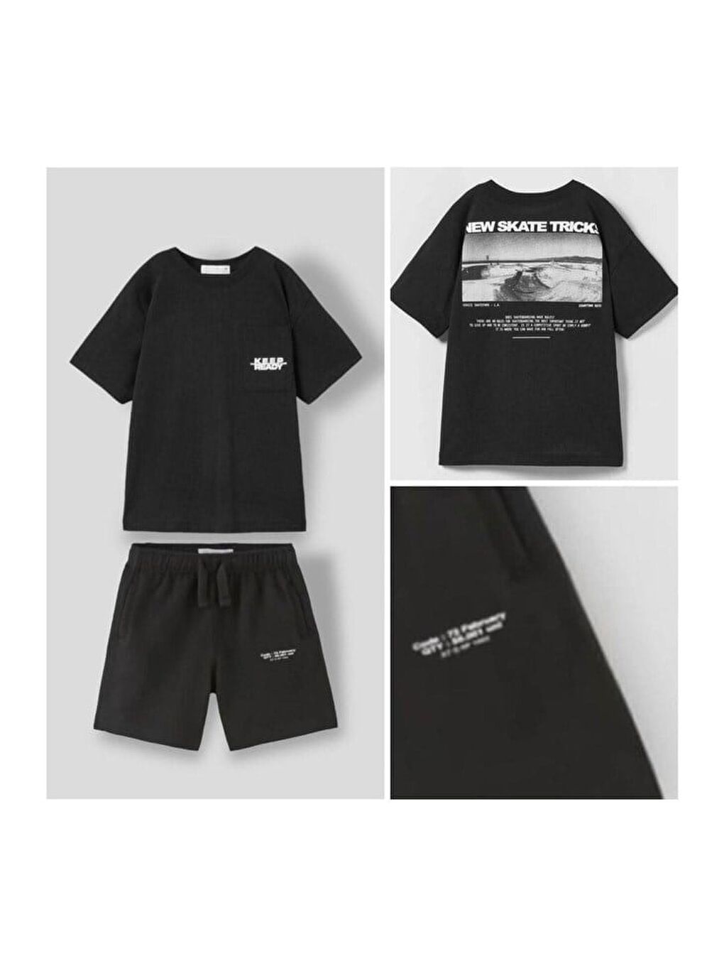 Erkek Çocuk Pamuklu Siyah Yazı Baskılı T-Shirt Şort Takım - Rahat Kalıp-1