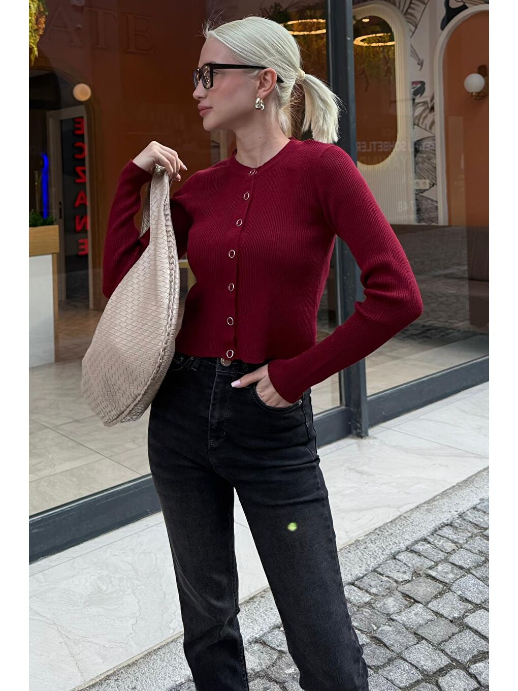 Bordo Çıt Kapamalı Triko Kadın Hırka Mg2579