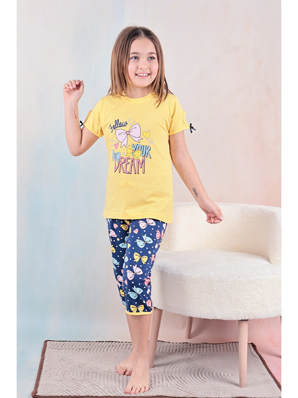 Sarı Kız Çocuk %100 Doğal Pamuk Kısa Kollu Kaprili Kaliteli Pijama Takımı-2