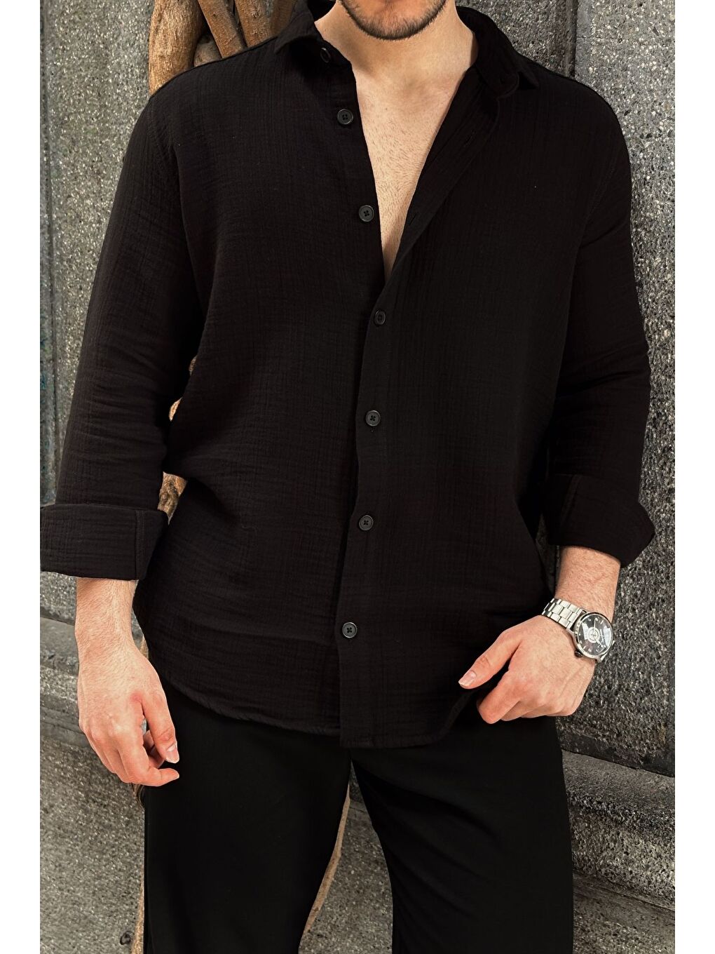 Siyah Tap Erkek Oversize Pamuk Gömlek-1