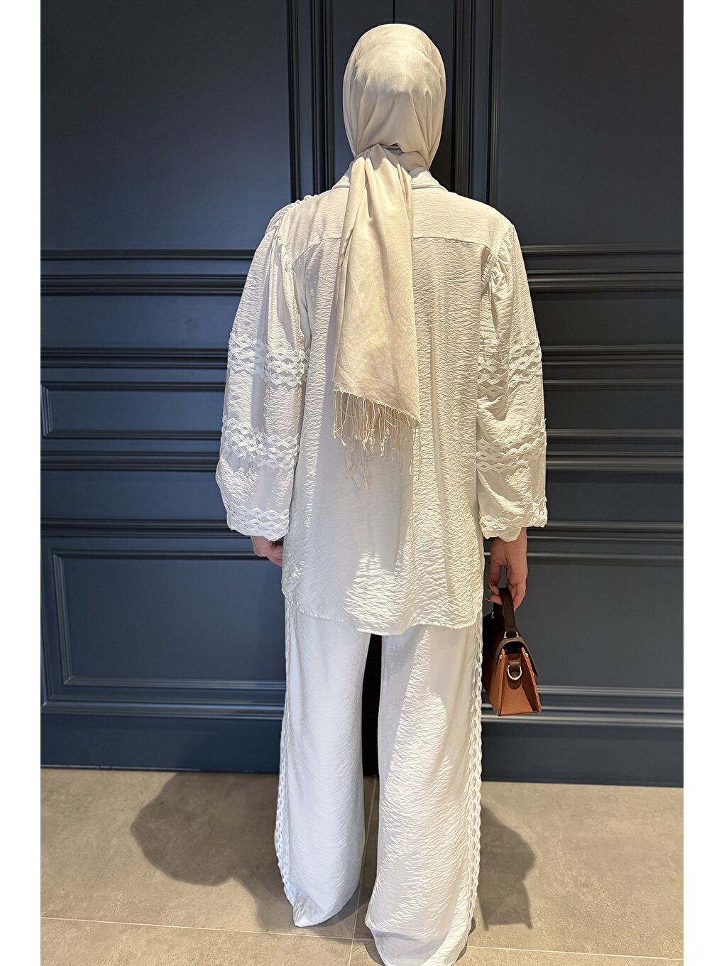 Ekru Fistolu Kol Lastikli Gömlek Pantolon Tesettür İkili Takım-8