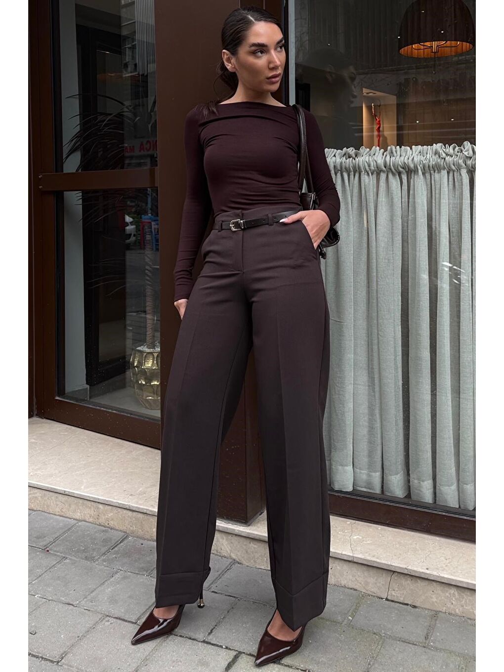 Acı Kahverengi Geniş Paça Normal Bel Kemerli Pantolon Mg2735-5
