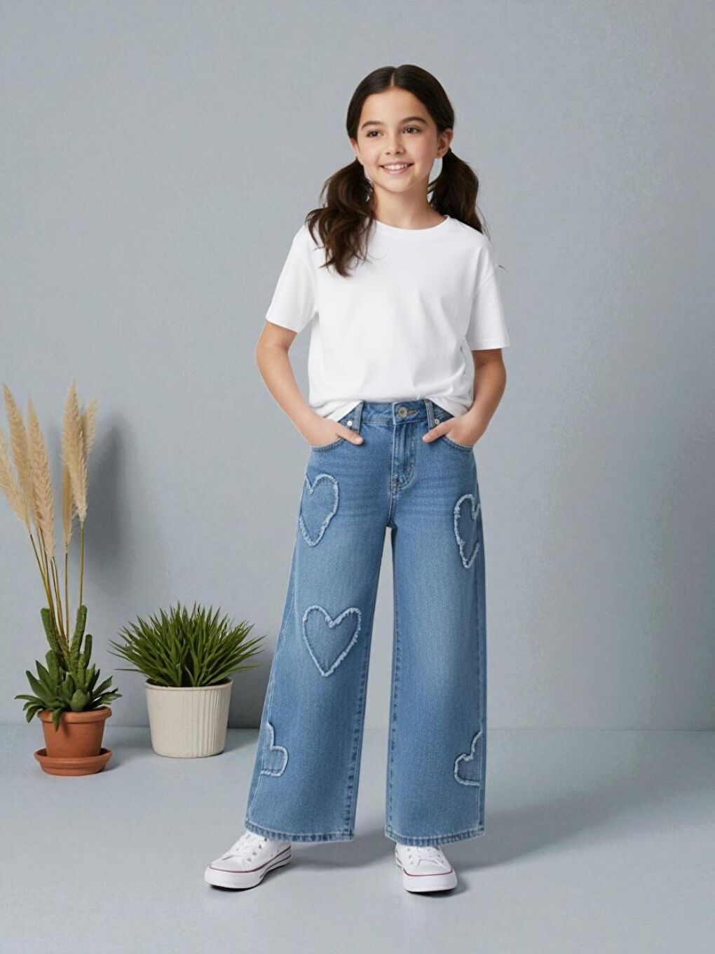 Mavi Kız Çocuk Geniş Paça Kalp Desenli %100 Pamuk Lastikli Denim Pantolon-1