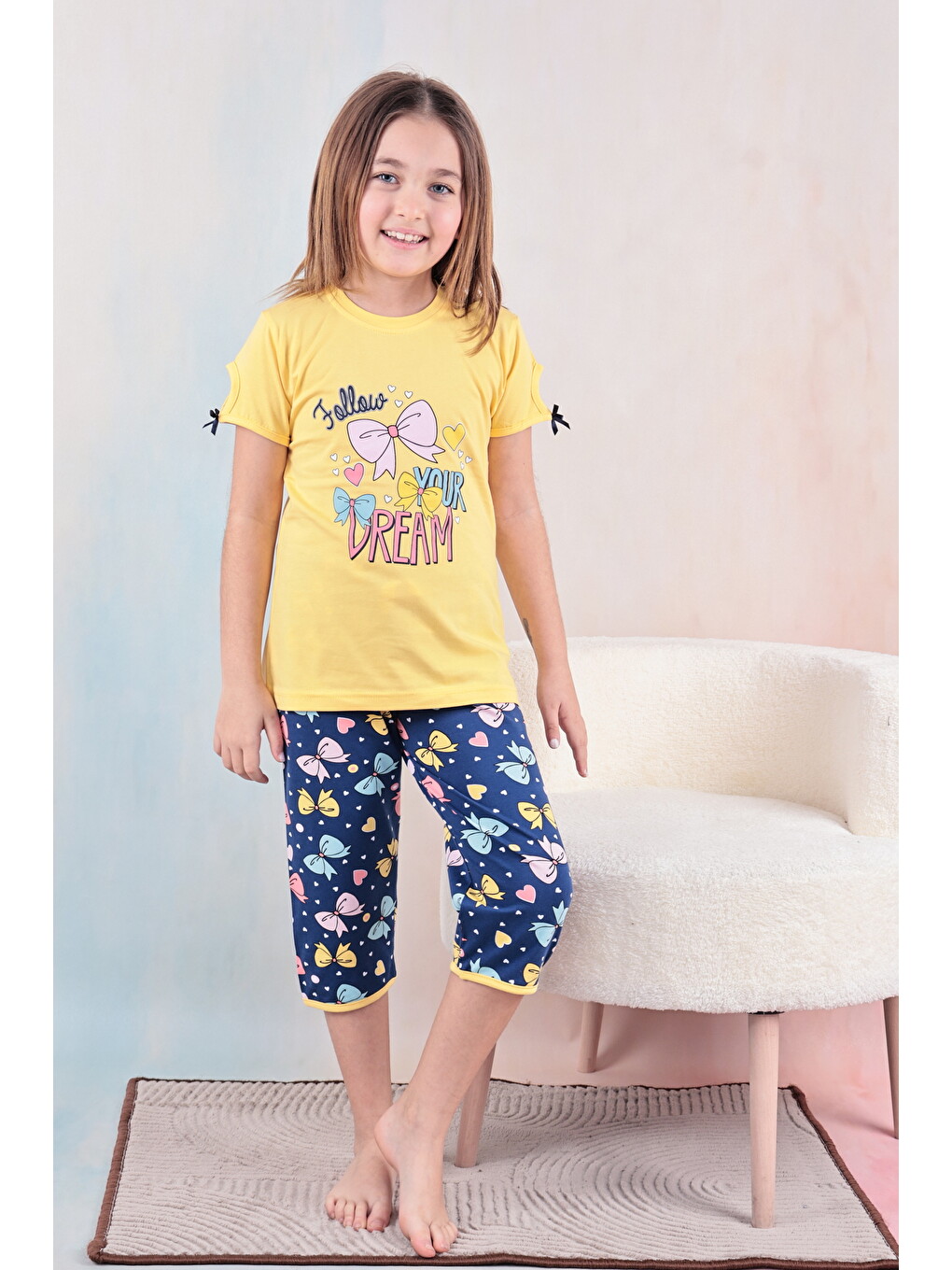 Sarı Kız Çocuk %100 Doğal Pamuk Kısa Kollu Kaprili Kaliteli Pijama Takımı-3