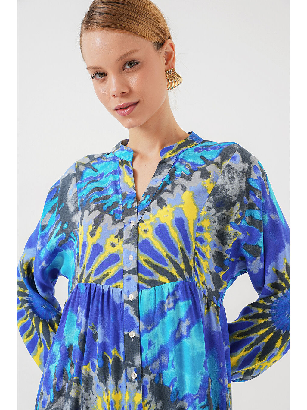 Mavi 2423 Otantik Desenli Tesettür Elbise - N. Saks-2