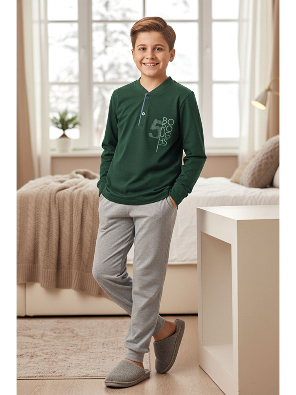 Erkek Genç Çocuk Pamuk Pijama Takımı 4227 Yeşil