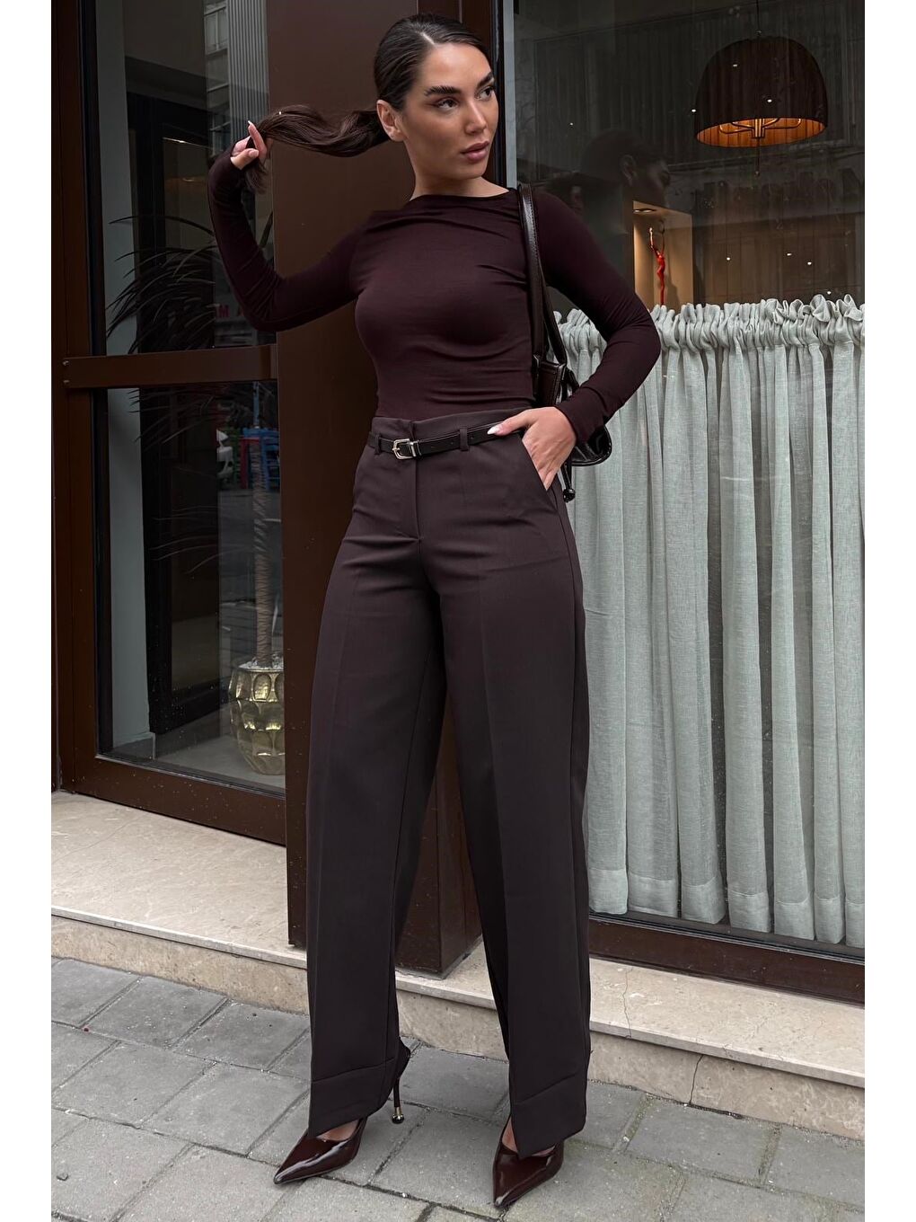 Acı Kahverengi Geniş Paça Normal Bel Kemerli Pantolon Mg2735-6