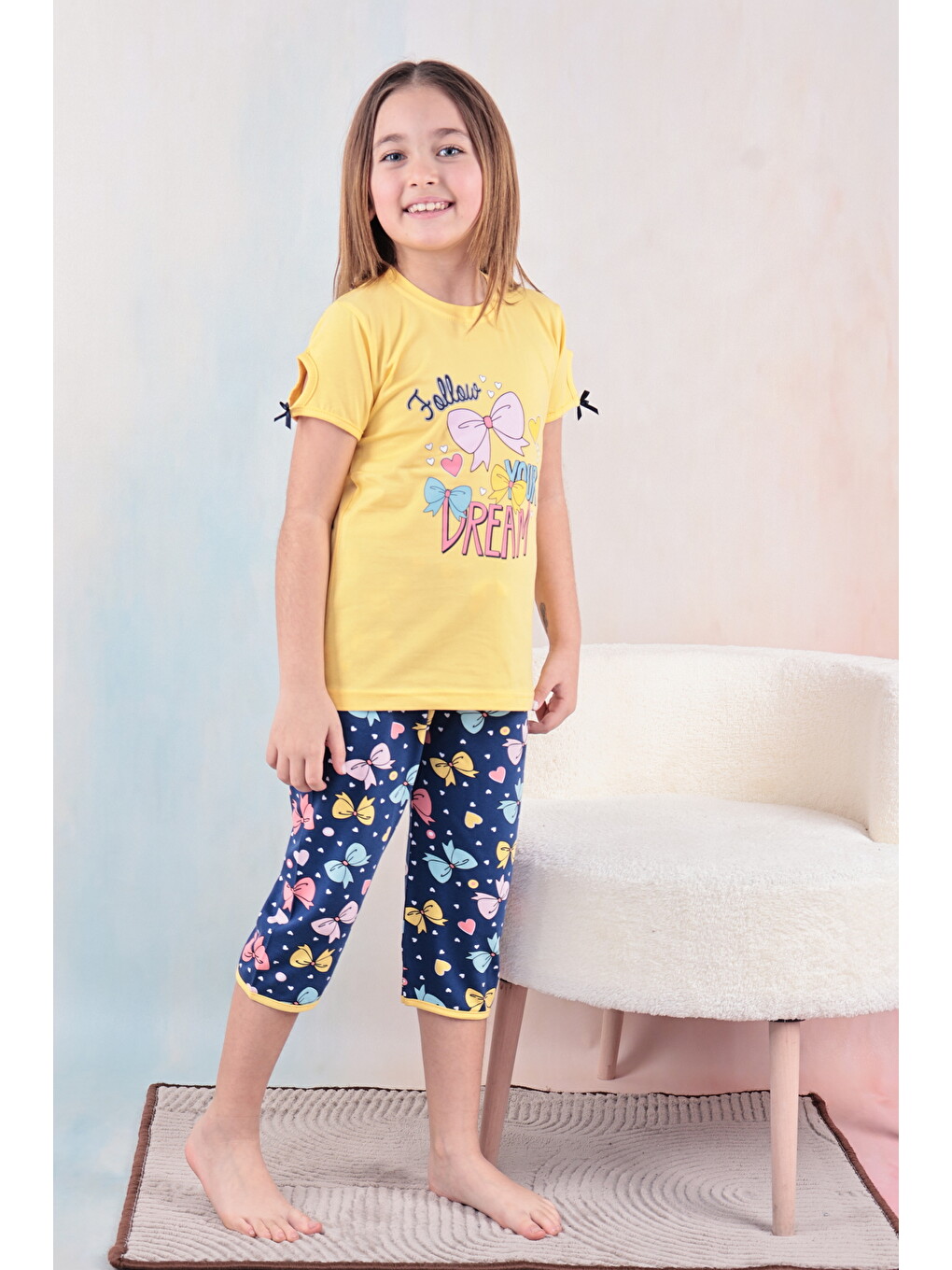 Sarı Kız Çocuk %100 Doğal Pamuk Kısa Kollu Kaprili Kaliteli Pijama Takımı-4