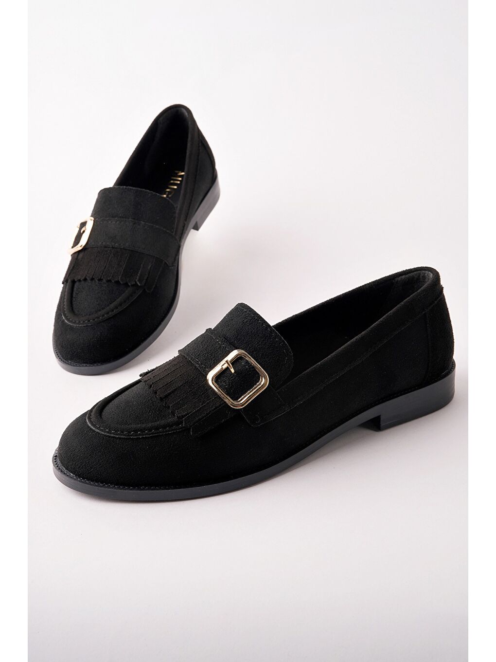 Siyah TUFT Gold Tokalı Püsküllü Süet Kadın Günlük Loafer Ayakkabı-4