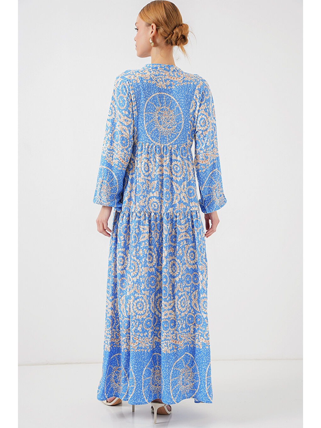 2423 Otantik Desenli Tesettür Elbise - S. Mavi-5