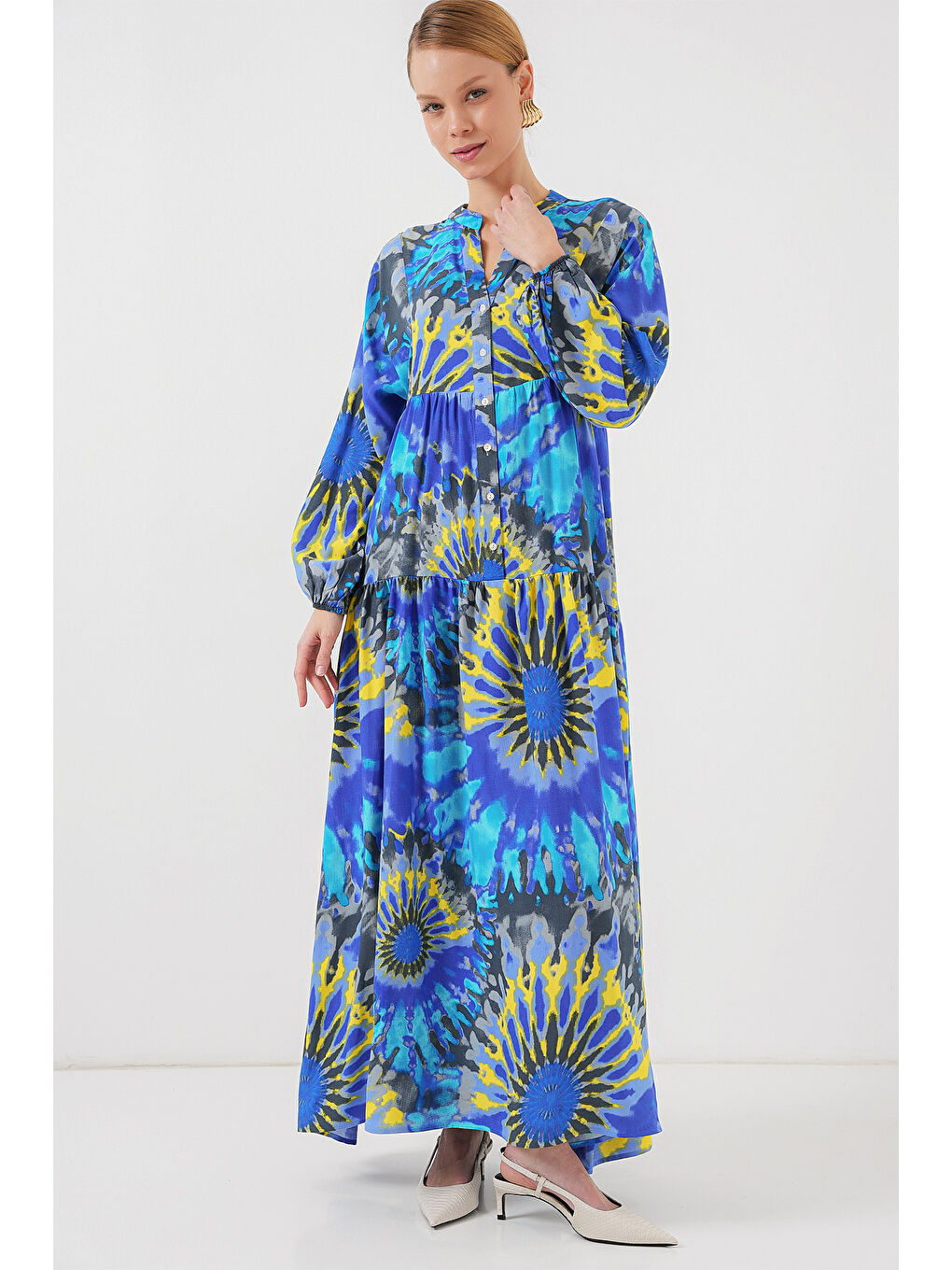 Mavi 2423 Otantik Desenli Tesettür Elbise - N. Saks-3