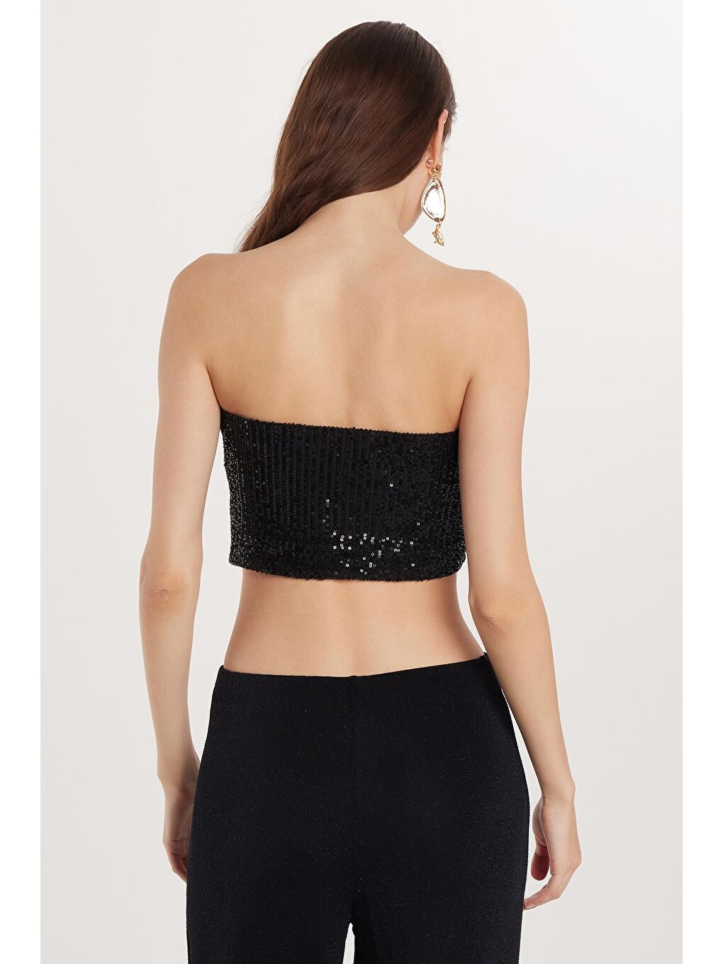 Kadın Slim Fit Dar Kesim Straplez Payetli Siyah Bluz-4