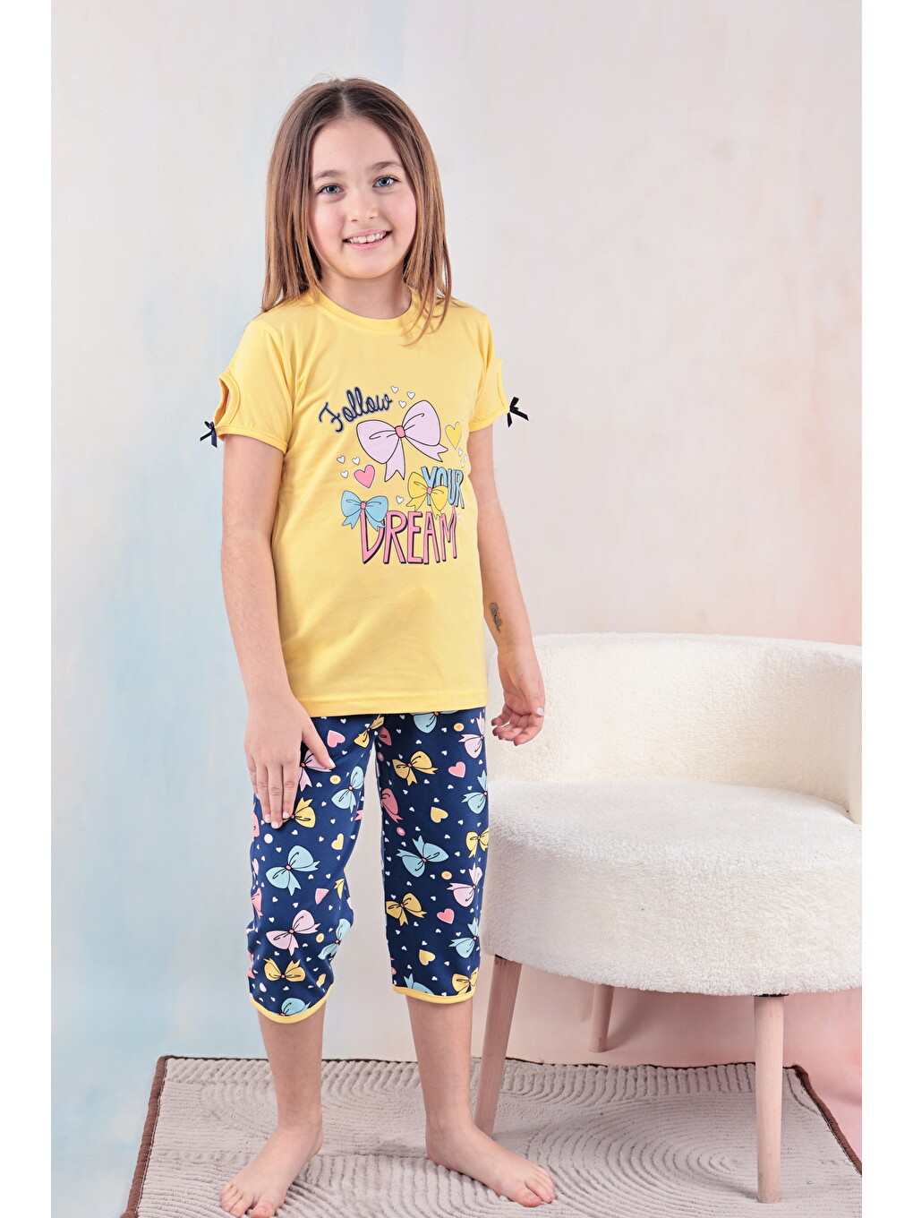 Sarı Kız Çocuk %100 Doğal Pamuk Kısa Kollu Kaprili Kaliteli Pijama Takımı-5