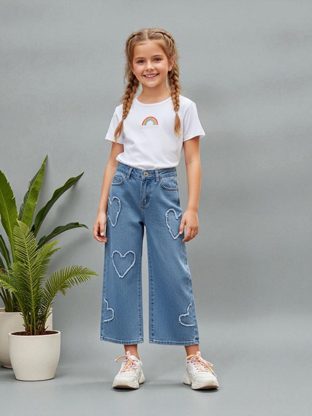 Mavi Kız Çocuk Geniş Paça Kalp Desenli %100 Pamuk Lastikli Denim Pantolon-2