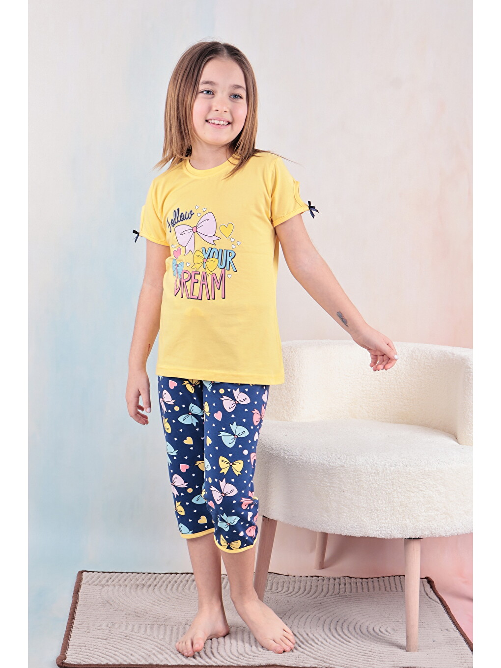 Sarı Kız Çocuk %100 Doğal Pamuk Kısa Kollu Kaprili Kaliteli Pijama Takımı-6