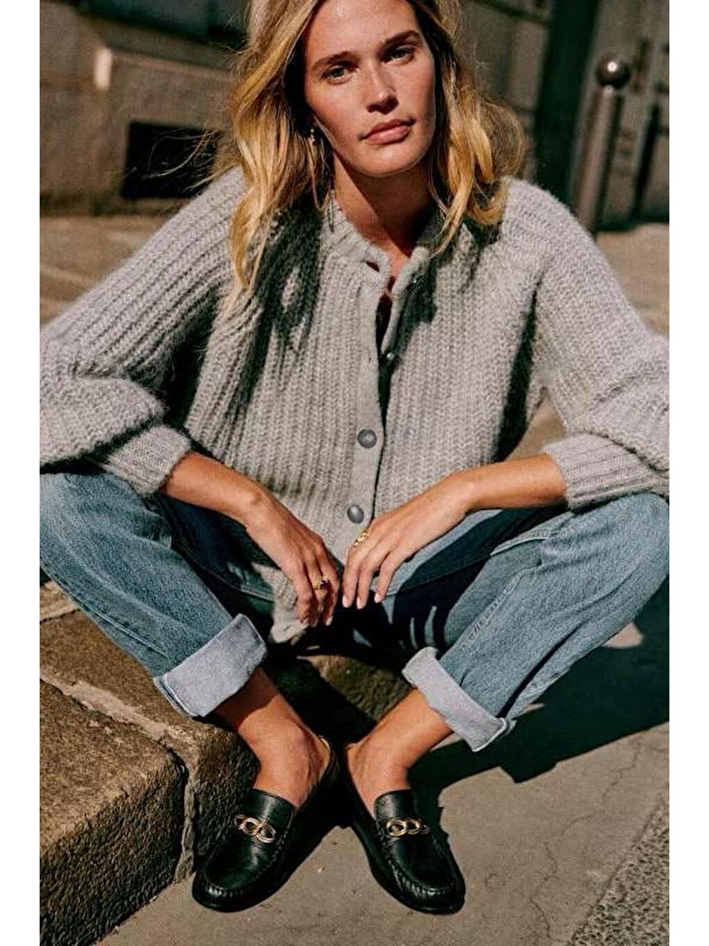 Gri Bisiklet Yaka Selanik Örgü Düğmeli Kadın Hırka Mg2487-2