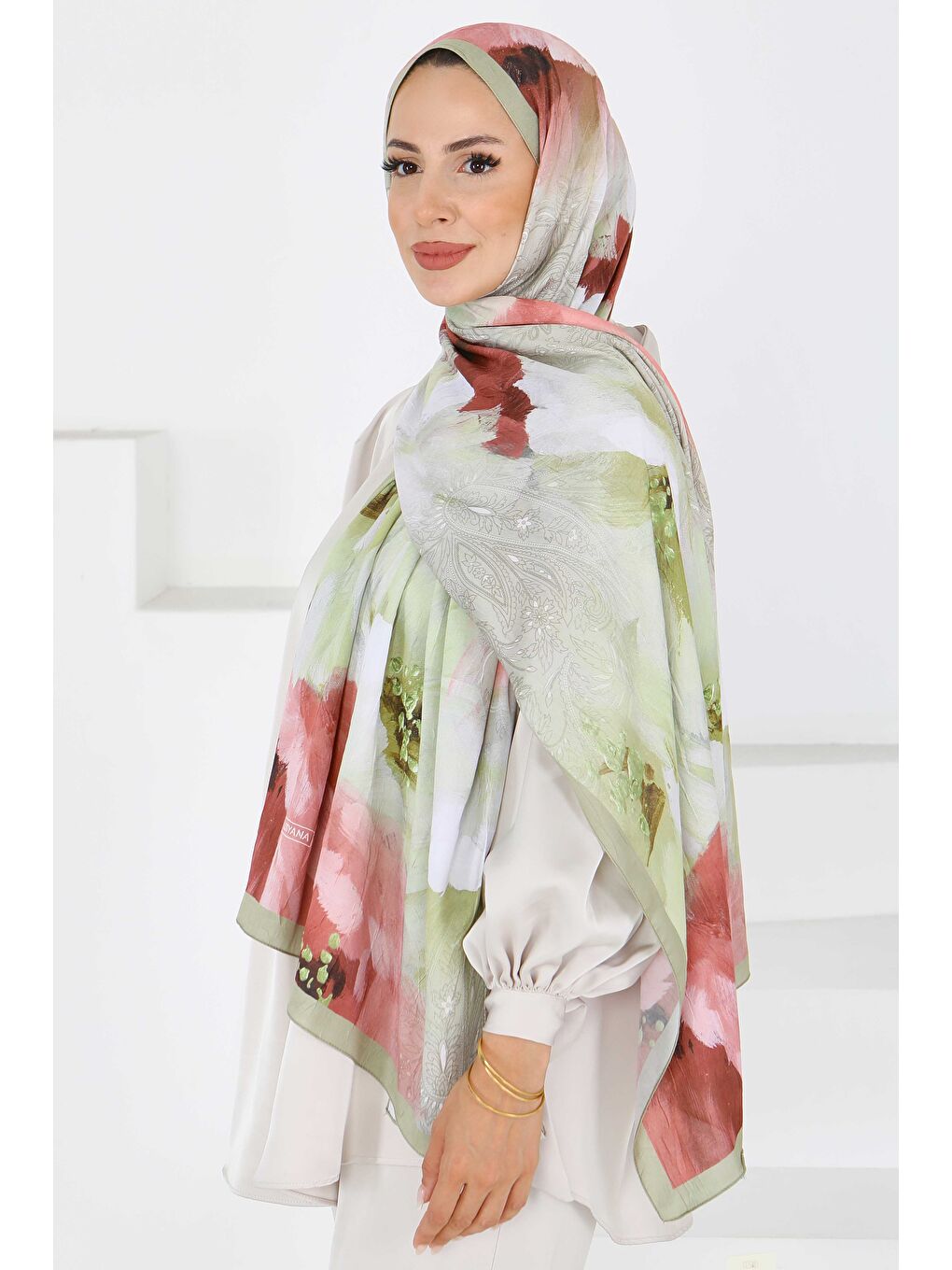 Kıraş Büyük Çiçek Desenli Şal Yağ Yeşili - 27621-1