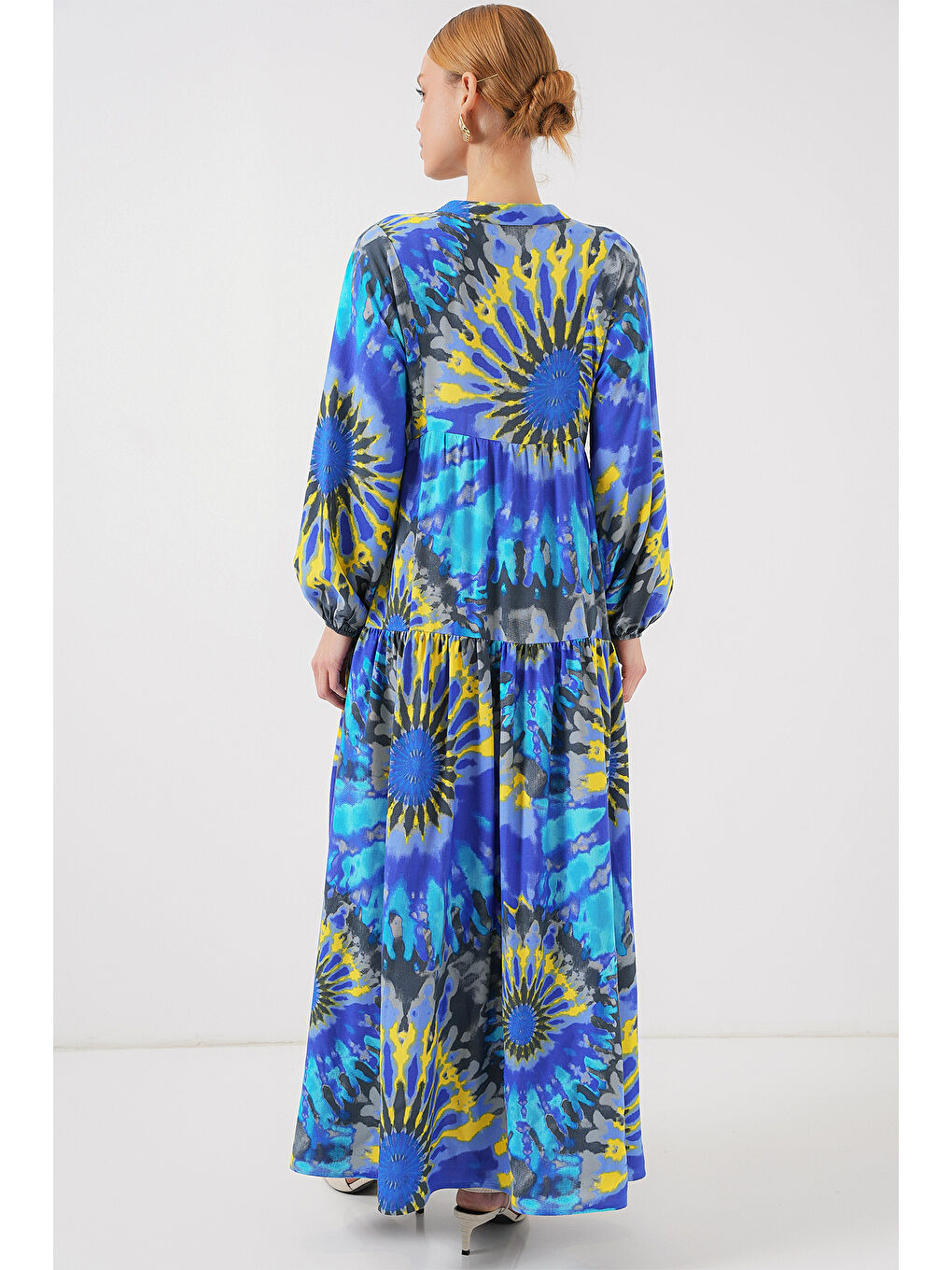 Mavi 2423 Otantik Desenli Tesettür Elbise - N. Saks-5