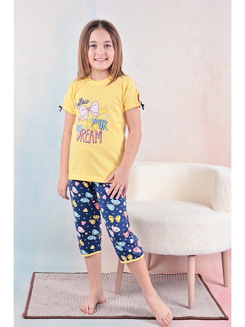 Sarı Kız Çocuk %100 Doğal Pamuk Kısa Kollu Kaprili Kaliteli Pijama Takımı-7